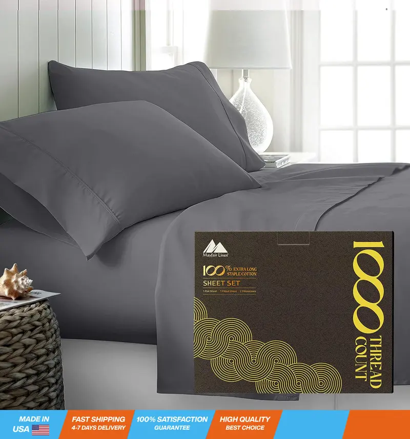 High Thread Count Best Bed Sheets 100% Egyptian Cotton Sheets Set Dark Grey Long-Staple Cotton Queen Sheet for Bed, Fits Mattress Upto 18'' Deep Pocket, Soft & Silky Sateen Weave Sheets