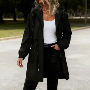 Women's Rain Jacket Plus Size Long Raincoat Lightweight Hooded Windbreaker ThinWSQa