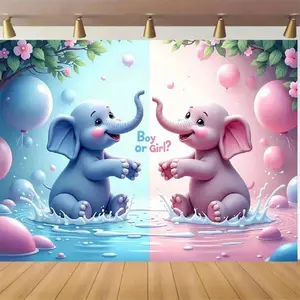 1pc 2D Flat Polyester Gender Reveal Party Banner - Blue and Pink Elephant Design with "Boy or Girl?" Text, Balloons & Flowers, Perfect for Youngsters Shower, Photo Backdrop, or Gender Reveal Celebrations, Gen