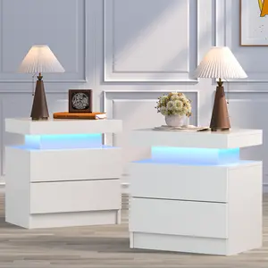 LED Night Stand Set Of 2 Bedside Tables With 2 Drawers Modern LED End Side Tables Bedroom Nightstands Design Elegant