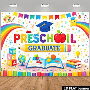 2D Flat Banner Polyester Photography Backdrop, HD Digitally Printed Colorful Preschool Graduation Theme Background Cloth, Soft Lightweight Foldable Machine Washable Photo Booth Prop for Graduation Party, Studio Shooting, Event Dec