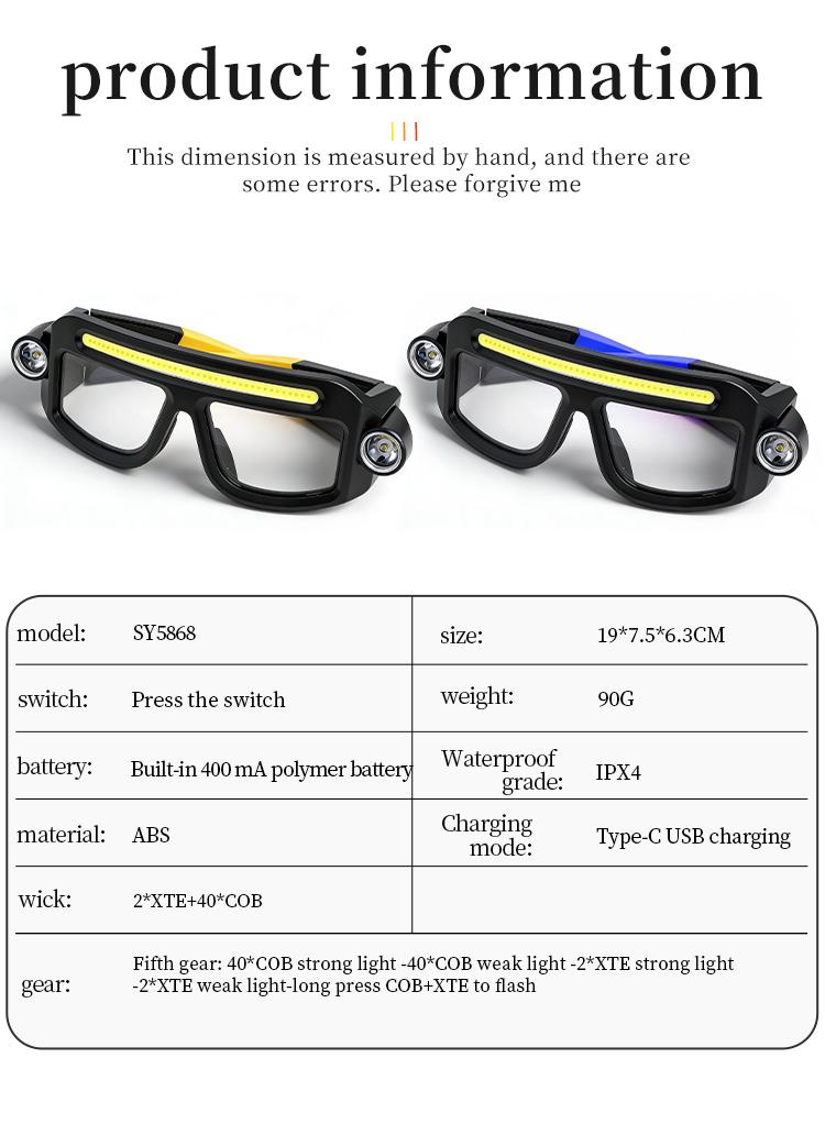 XTE Multi-Functional Eyeglass Light, TYPE-C Rechargeable, Portable COB LED Work Light for Repair & Outdoor Use