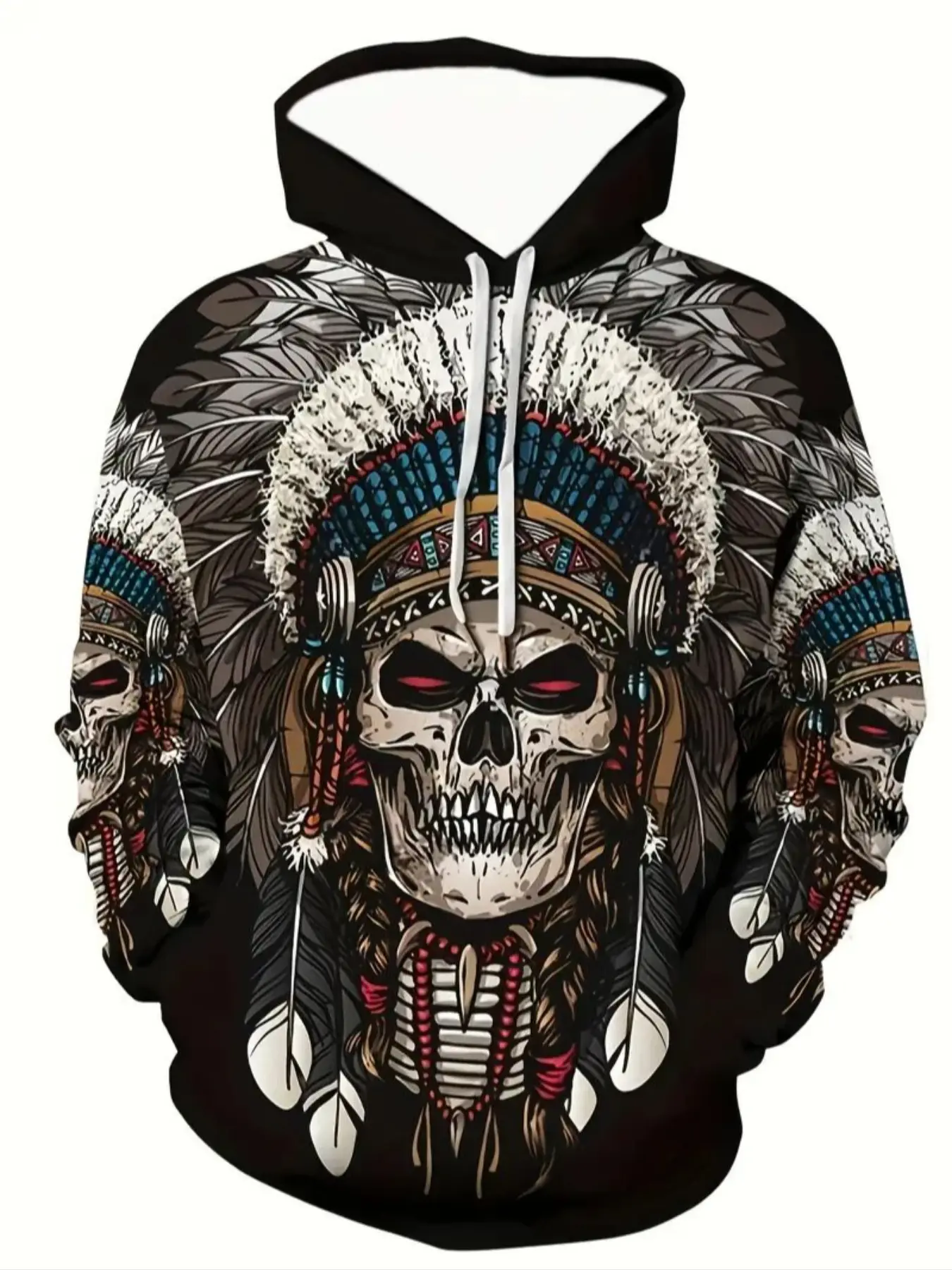 Men's Skull Feather Print Hoodie, Kangaroo Pocket Design, Loose Fit, Halloween Casual Streetwear, Fashion Casual Sweatshirt, Fall Winter Fashion, Hooded Sweatshirts