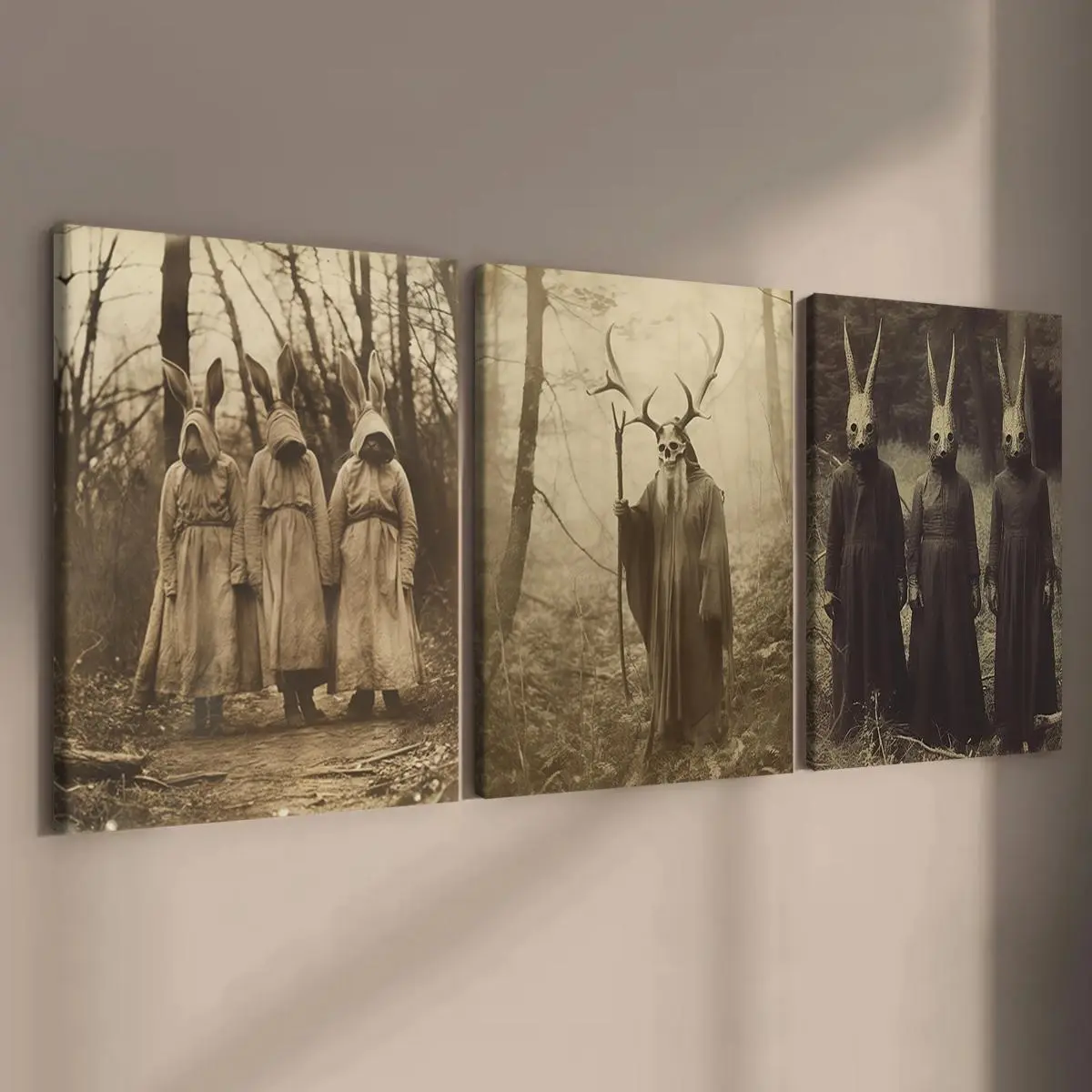 Wooden Framed Canvas Painting, 3 Counts/set Gothic Creepy Bunny Man Poster, Retro Horror Character Posters, Halloween Posters, Horror Posters, Wooden Wall Art, Art Work For Wall Decor