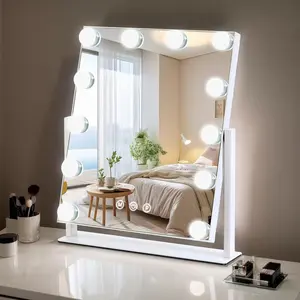 ZBOCAI Modern Adjustable Rectangle Hollywood Style Lighted Vanity Mirror, 13x11 in Metal Frame Desk Piece with 12 Dimmable Lights, 3 Color Modes, Smart Touch Control, 360° Rotatable Home Decor