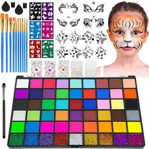 54 Colors Face Painting Kit, Non-Toxic Water Activated Face Paint Palette, Facepaint Makeup Kit with Brushes, Stencils, Gems, for Festivals, Halloween, Carnival, Birthday Parties