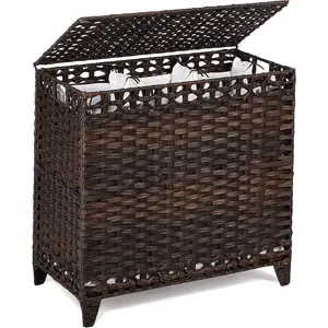 Laundry Hamper with 3 Removable Liner Bags; 132L Handwoven Rattan Laundry Basket with Lid & Heightened ; Clothes Hamper with Side Handles; Laundry Sorter with 3 Separate Sections