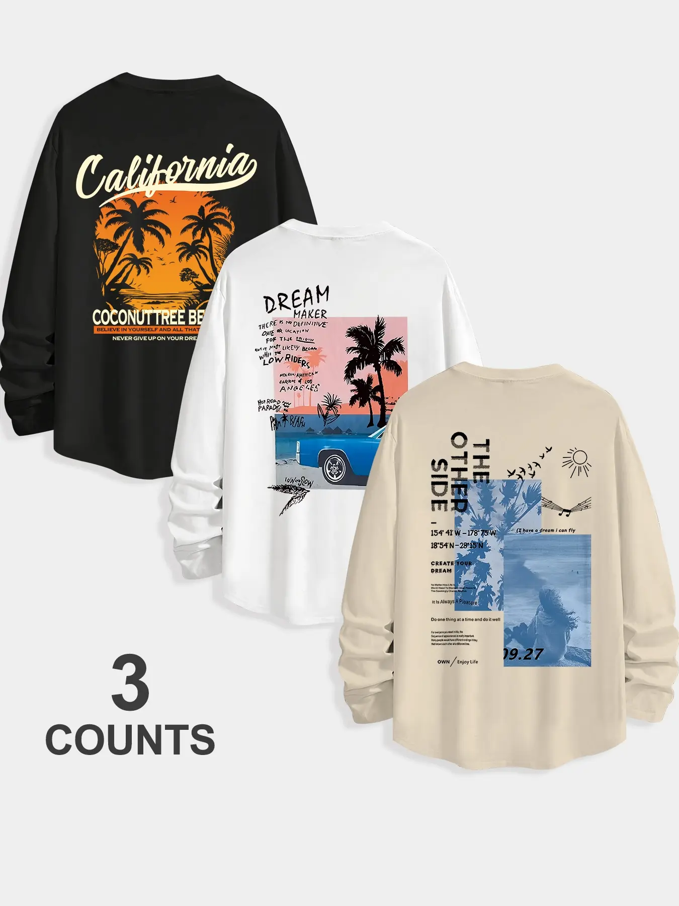 Men's Classic 3-Piece Set, Menswear Letter Coconut Tree Print Long Sleeve T-Shirts, Casual Fitted Tops for Spring & Fall
