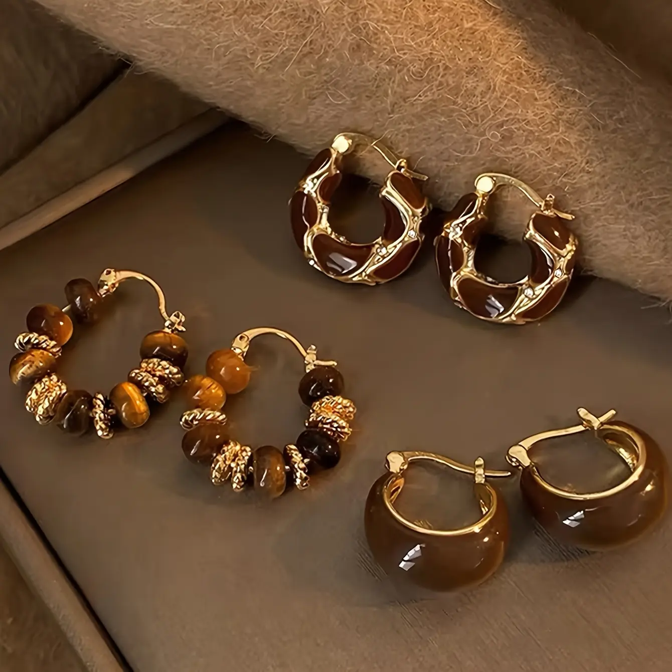 Retro elegant high-end amber beads geometric design women's earrings set, suitable for all seasons daily party dance