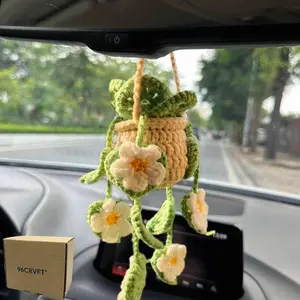 [BEST CHOICE]Cute Crochet Hanging Succulent Plant for Car, Aesthetic Decor Rear View Mirror Hanging Ornament Accessories for Women and Men, Handmade Cute Car Interior Decor Accessories Gift