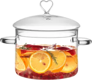 2L 2000ml(68oz) Clear Glass Cooking Pot with Heart Shape Lid, Heat Resistant Energy Saving Simmer Pot for Stove, Ideal for Potpourri and Water-based Recipes