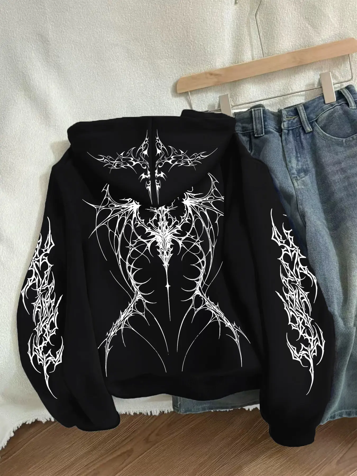 New heavyweight fleece integrated fleece, subculture y2k Gothic style print, Gothic Printed Hoodie, black hooded Long Sleeve zipper Fitted sweatshirt casual jacket, American retro top Womenswear, Gothic Hoodies