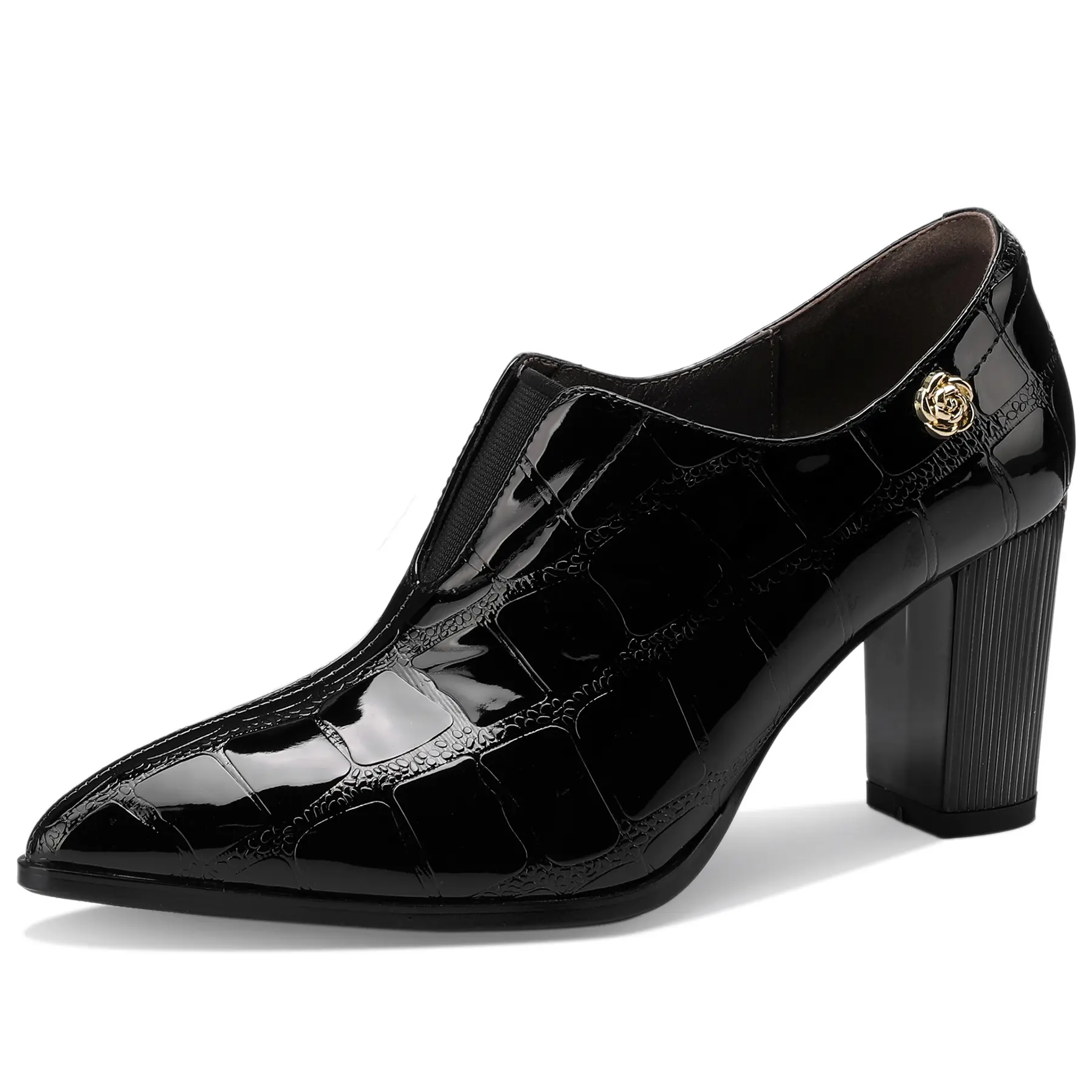 TDD Women's Extra Wide Patent Leather Ankle Booties, 3-Inch Chunky Block Heel, Dressy Pointed Toe, Crystal Decor, All-Season Evening Shoes, Black