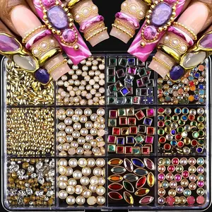 Luxury Nail Art Rhinestone Set, 12-Piece, Multi-Shaped Gemstones, Metal Nails, 3D Nail Decoration Kit， Royalcore Nail Art Kit - Regal Gemstones & Pearls for Baroque Manicures，TikTok Viral Nail Jewels Set - Mix Rhinestones, Pearls & Gold Charms for Y2K