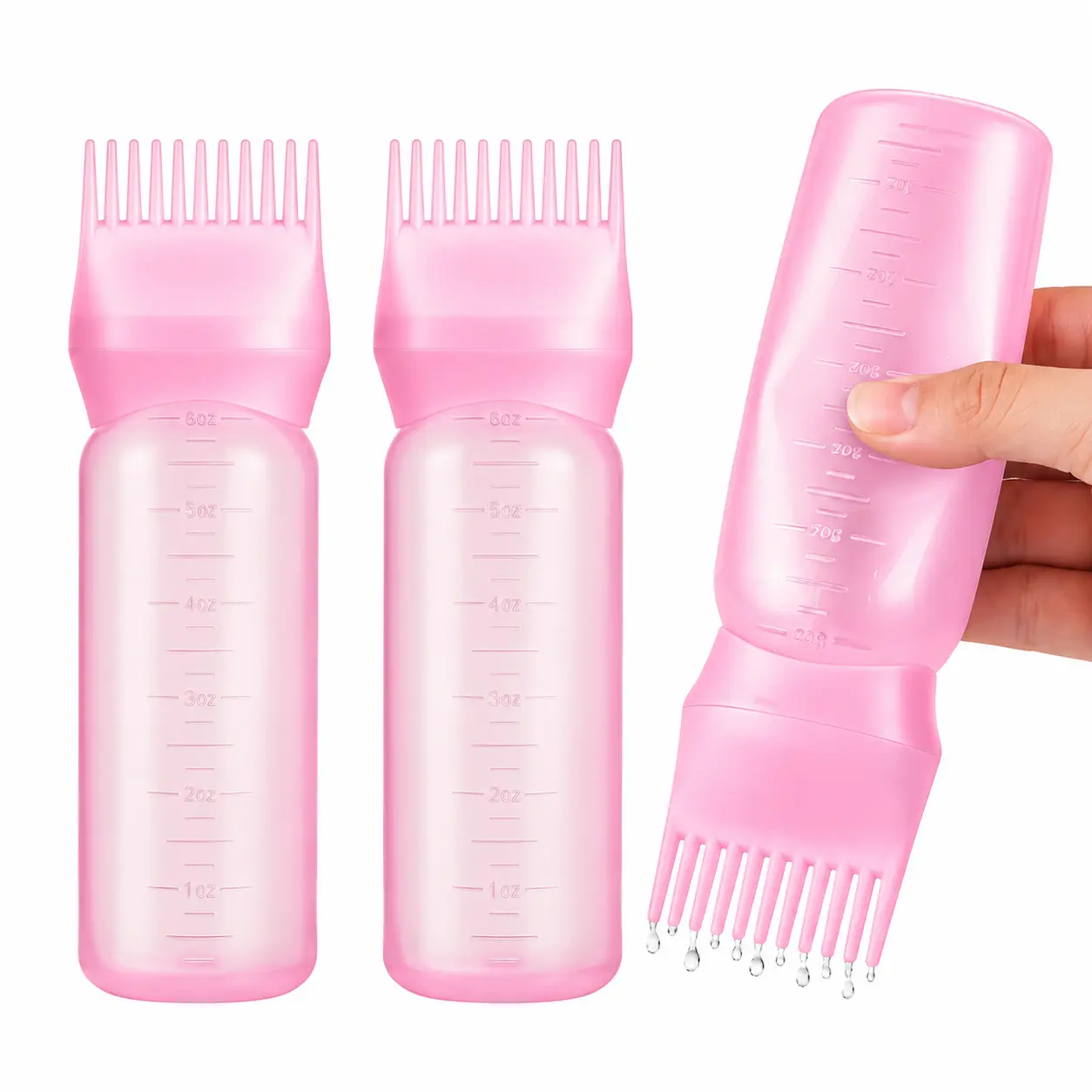 Hair Dye Applicator Bottle with Comb, 6oz Pink Root Comb Applicator Bottle, Hair Coloring Bottle with Measurement Scale, Squeeze Bottle for Hair Oil, Scalp Treatment, Hair Dyeing, Root Touch Up, Hair Care and Salon Use