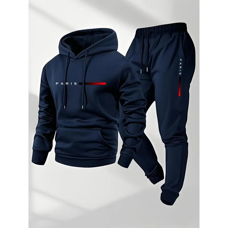 Men's Paris letter printed hoodie and drawstring sweatpants set