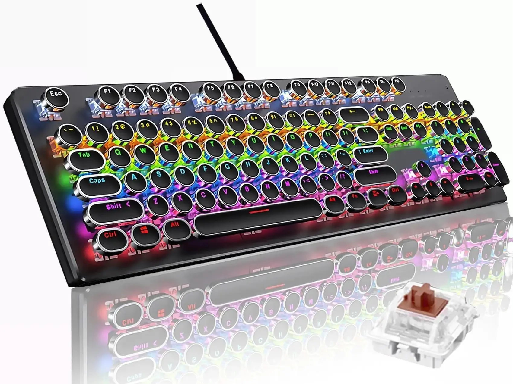 Basaltech YD-Series Full-Size Mechanical Keyboard - 104-Key Wired Typewriter-Style Custom Keycaps Model with RGB Rainbow Backlit Illuminated Anti-Ghosting Gaming Function (Black/White), Backlit Keyboard, Rainbow Keyboard