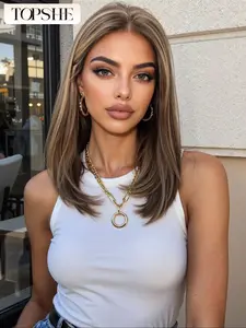 Topshe 14 Inch Medium Straight Highlight Bob Wig, Balayage Blonde Synthetic Lace Front, Caramel Color, Pre-Braided Hairline, Low Density