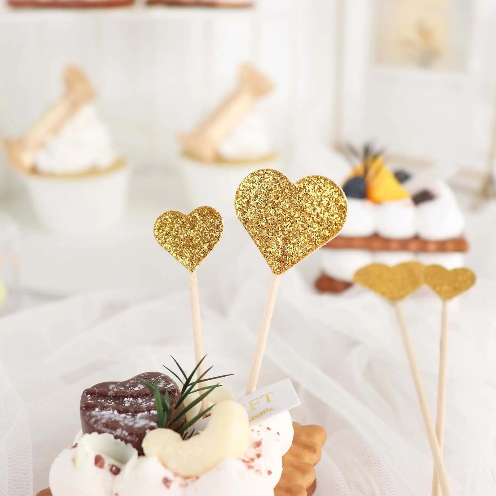 24-Pack Glitter Gold Heart Shaped Cake & Cupcake Topper Picks (4.5in, 4in) - Birthday-Themed, Dainty, Elegant, Themed Decorations for Festive & Party Supplies, Birthday-Themed Cake & Cupcake Toppers, Dainty Cake & Cupcake Toppers