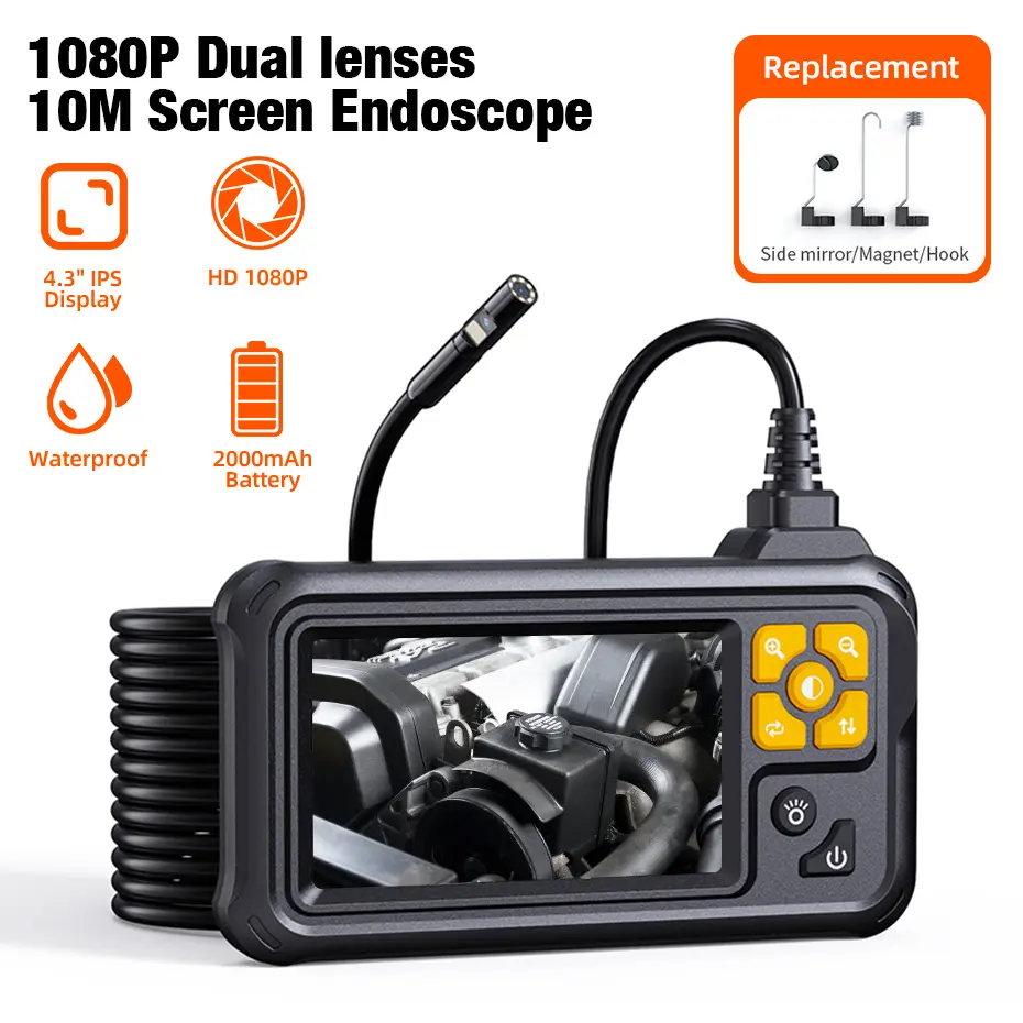 Kerui Industrial Dual-Lens Endoscope Kit Set, 4.3" IPS HD 1080P Screen, 5m/10m Semi-Rigid Cable, IP67 Waterproof Probe, 8 LED Lights, Hook/Mirror/Magnet Accessories, Type-C Charging for Automotive & Home Inspection