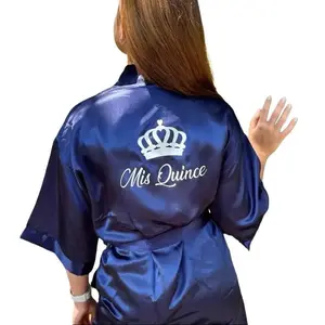Personalized Quinceañera Silk Robe with Crown Design and Ms Quince Anos Text for Women's Satin Bathrobe Nightwear Loungewear Silky Fabric with Inside Tie Closure and Matching Belt
