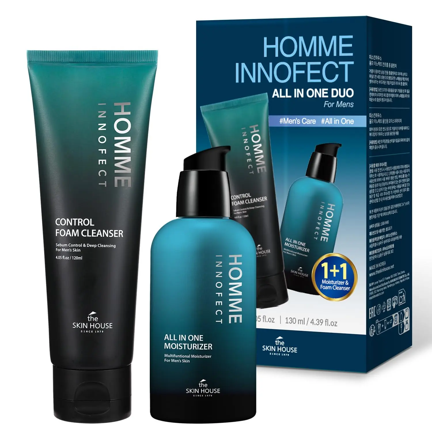 [Valentine's Day Gift ]All-in-One Skincare Duo for Men| Foaming Face Wash & All-in-One Moisturizer (Toner + Serum + Aftershave Balm)| Korean Skin Care for Sensitive Skin