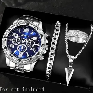 Geneva Blue Face Silver Watch Set | 4Pcs Stainless Steel Accessories for Him