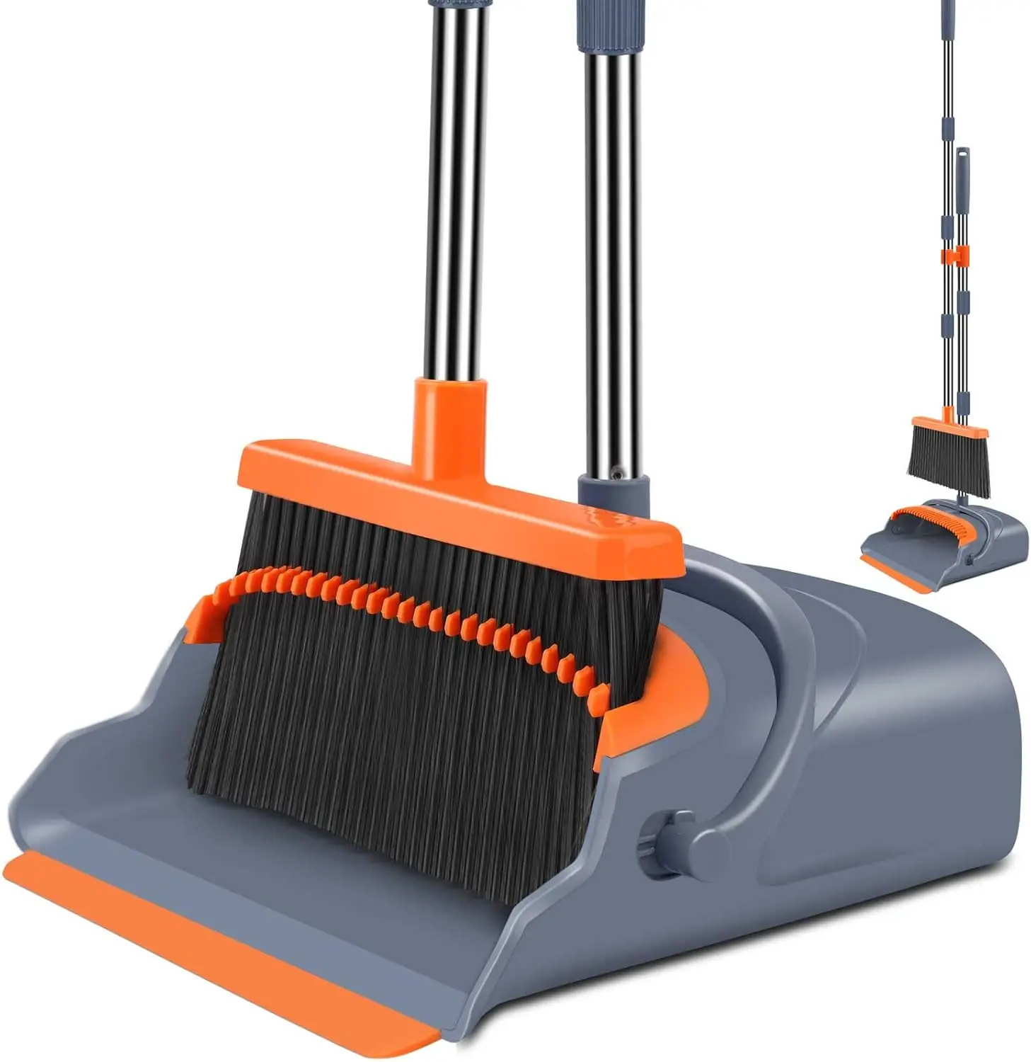 Upgrade Stand-Up Broom and Dustpan Set, Self-Cleaning with Dustpan Teeth, Indoor-Outdoor Sweeping Tool for Pet Owners (Gray&Orange)