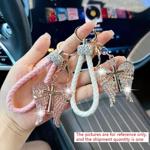 Fashion Creative Rhinestone Cross Keychain, Unique Angel Wings Bag Charm, Car Key Chain Gift for Birthday Holiday