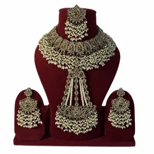 Premium Pakistani Semi Bridal Polki Set with Passa Earrings & Tikka in Emerald Green Maroon Mehndi Golden Colors
