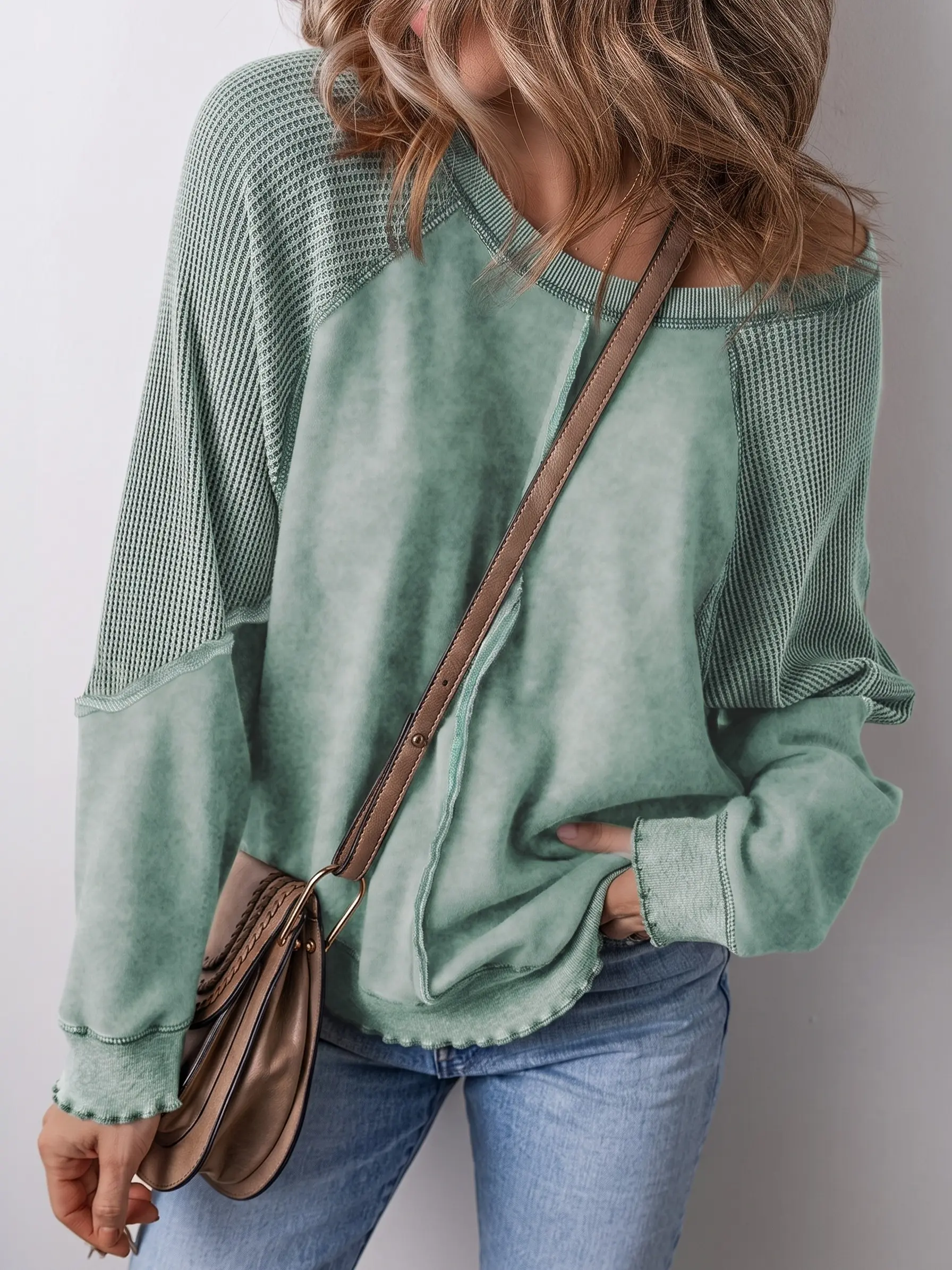 Shewin Women's Off-Shoulder Raglan Long Sleeve Waffle Knit Abstract Patchwork Washed Cotton Blend Sweatshirt - Ruffle Cuff Women's Tops, Cozy Pullovers for Daily Outings, Casual Hoodies & Sweatshirts, Stylish Women's Wear, Long Sleeve Tops