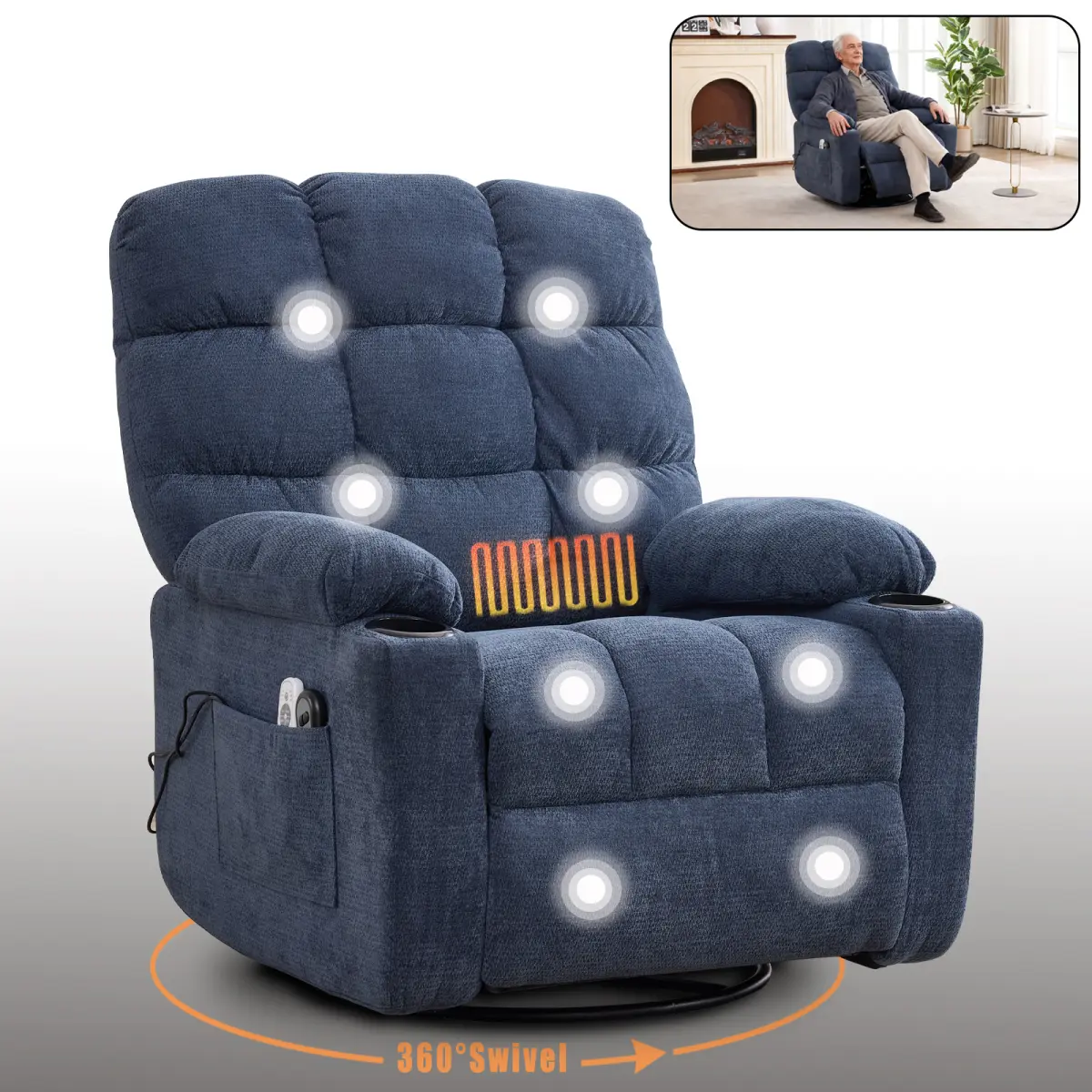 Blue Fabric Upholstery Electric Recliner Lounge Chair - Easy Assembly, 155° Max Recline, Swivels & Rocks, Heat Massage for Living Room Relaxation