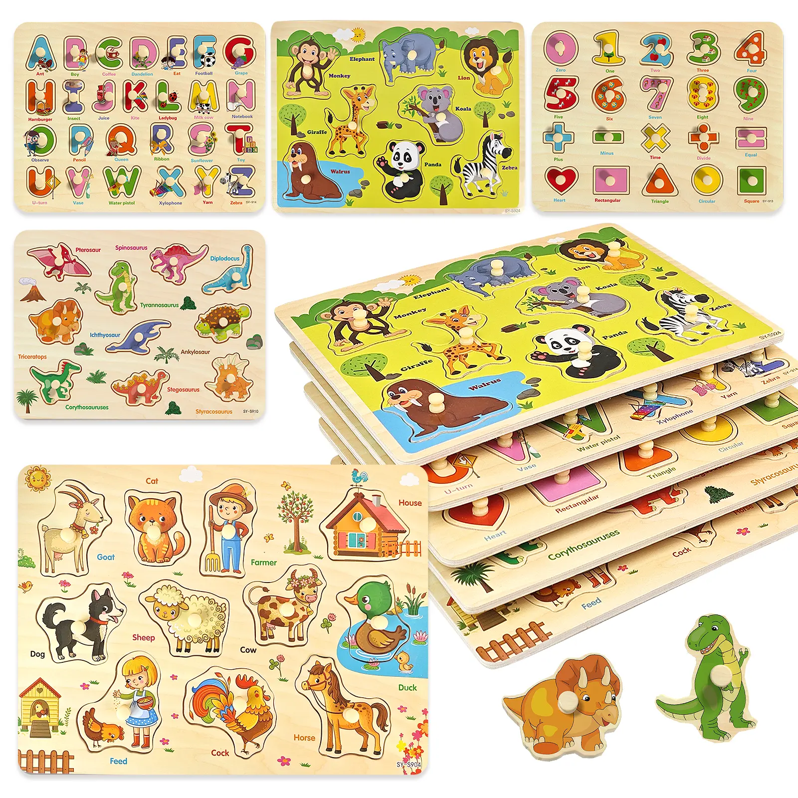5 Pack Montessori Wooden Peg Puzzles for Toddlers 1-4 - Alphabet, Number, Animal, Dinosaur & Farm Educational Toys, Fine Motor Skills Birthday Gift for Boys Girls