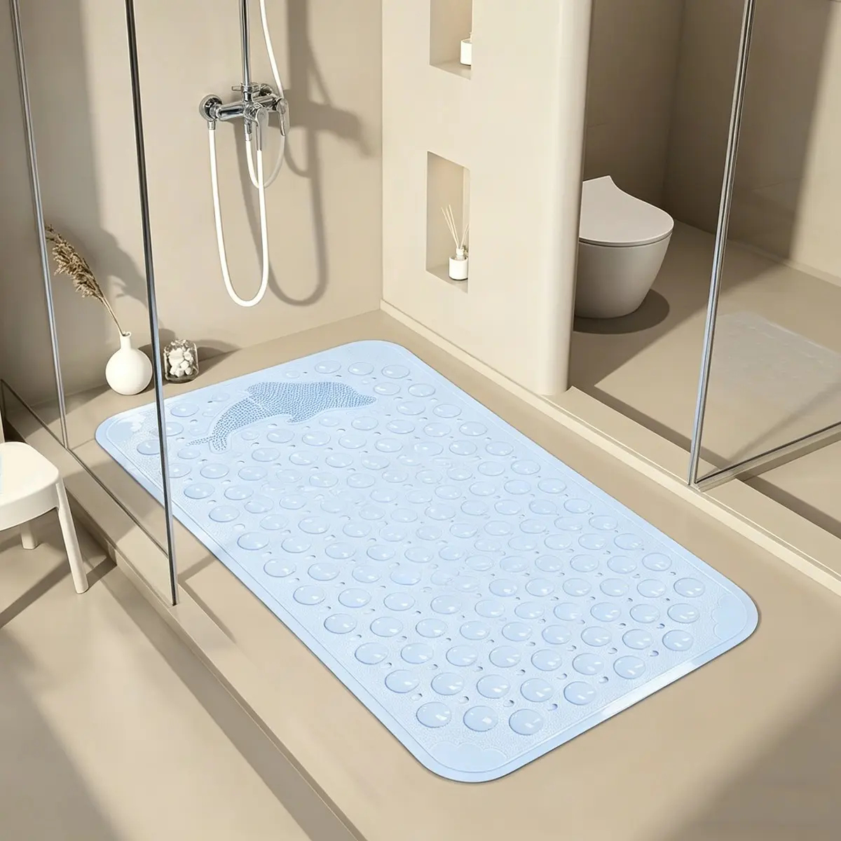 Dolphin Bathroom Non-Slip Mat, Suction Cup PVC Shower Rug, Anti-Fall Bath Mat for Shower Room, Bathtub, Sink Area, Shower Floor Mat, Nonslip Bathroom Rugs