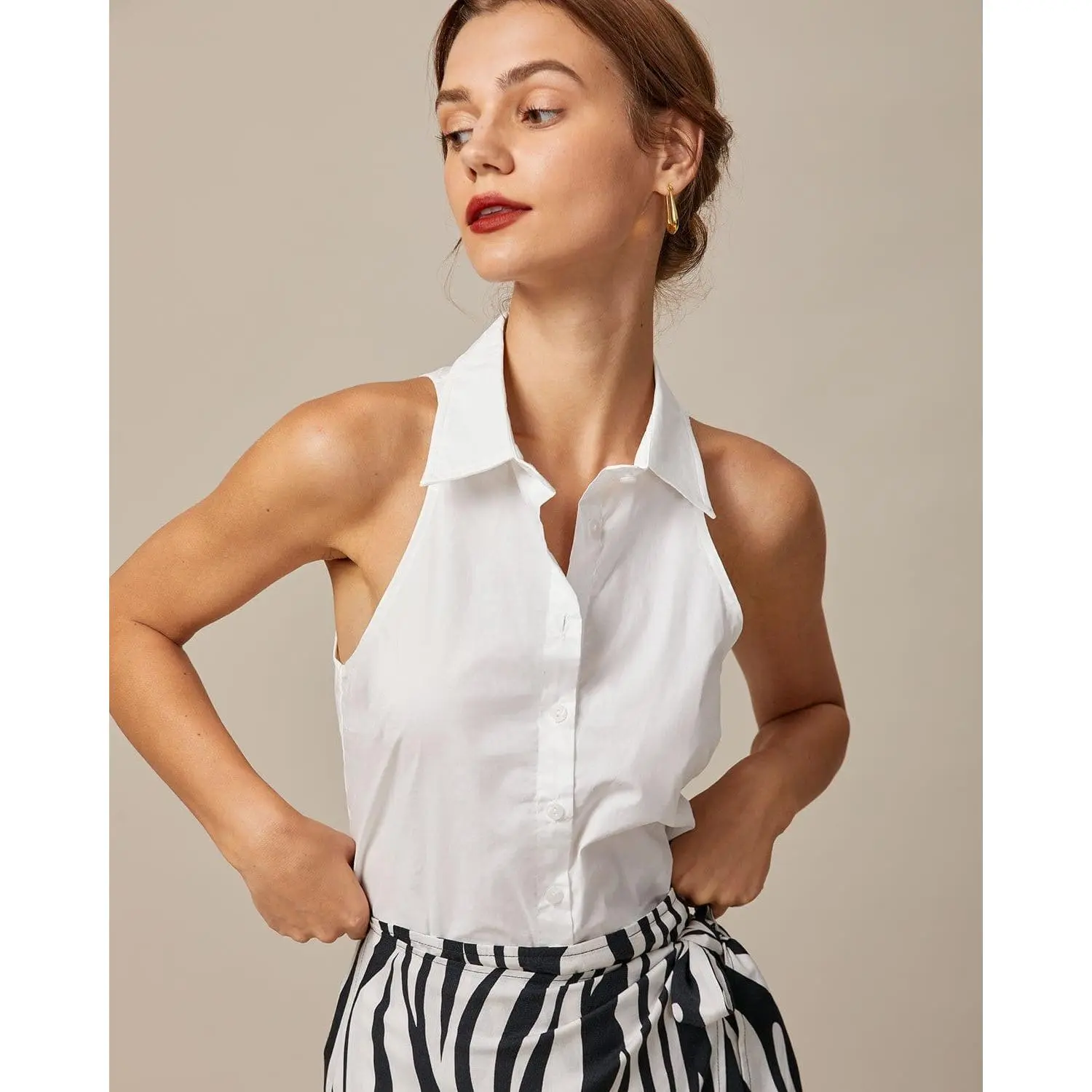 Rihoas Women's Soft Cotton Breathable Sleeveless Collared Button-Up Blouse - Premium Fabric, Everyday Fit, Basic Chic Casual Easy-Matching Top for Daily Wear, Shirt, Tops,back to school,back to school shopping, Shirts