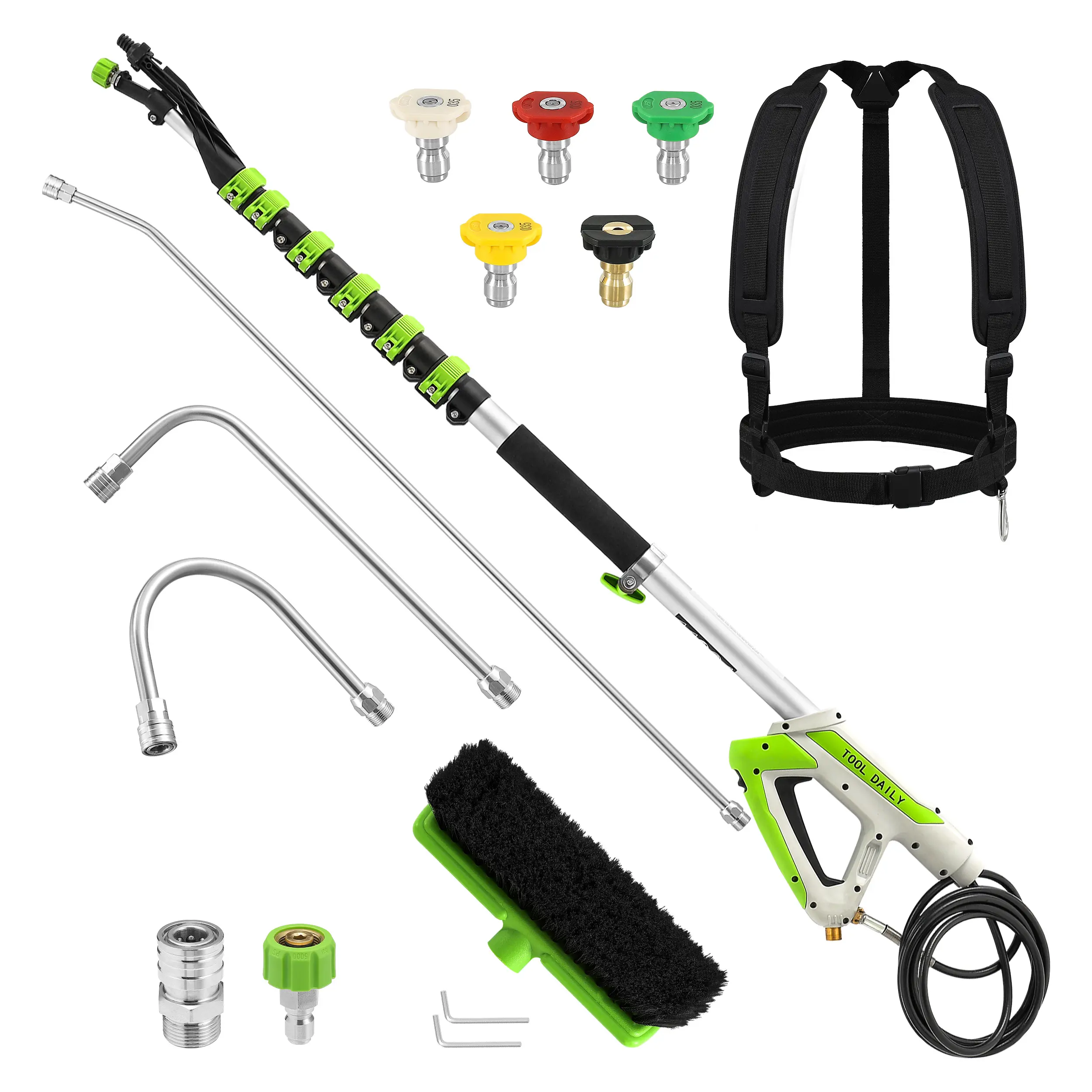 Tool Daily 21 FT Telescoping Pressure Washer Wand with Brush, Power Washer Extension Wand, Aluminum Telescopic Gutter Cleaner with 3 Curve Wands, 5 Spray Nozzle Tips and Adjustable Belt, 4000 PSI, High Pressure Washer, Power Washer Attachment