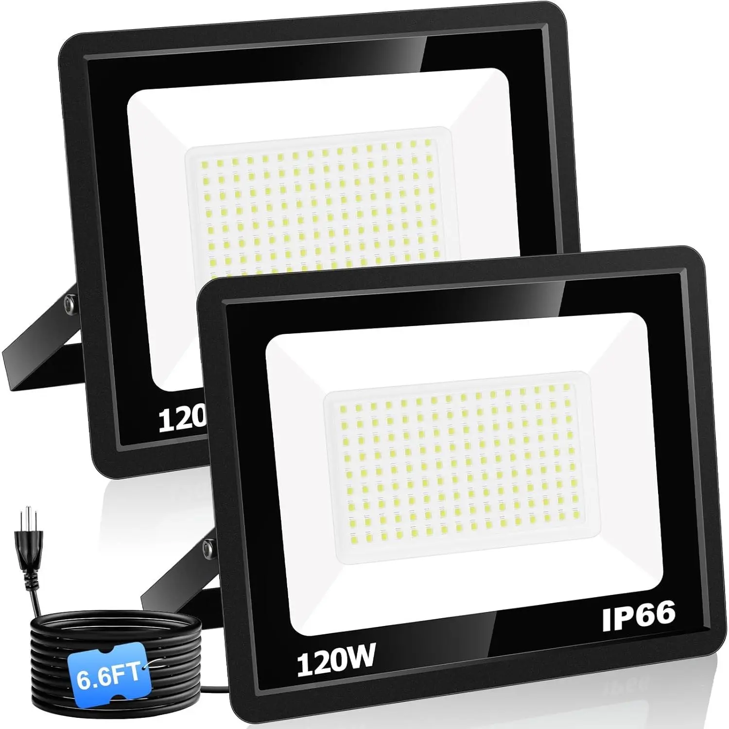 120W LED Flood Light with Plug, 14400Lm Super Brighter Security Lights with 6.6ft Wire, 5000K Daylight White IP66 Waterproof Outdoor Work Light Floodlight for Yard Stadium Garden, 2 Pack solar motion sensor security light Energy Efficient