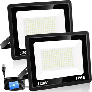 120W LED Flood Light with Plug, 14400Lm Super Brighter Security Lights with 6.6ft Wire, 5000K Daylight White IP66 Waterproof Outdoor Work Light Floodlight for Yard Stadium Garden, 2 Pack