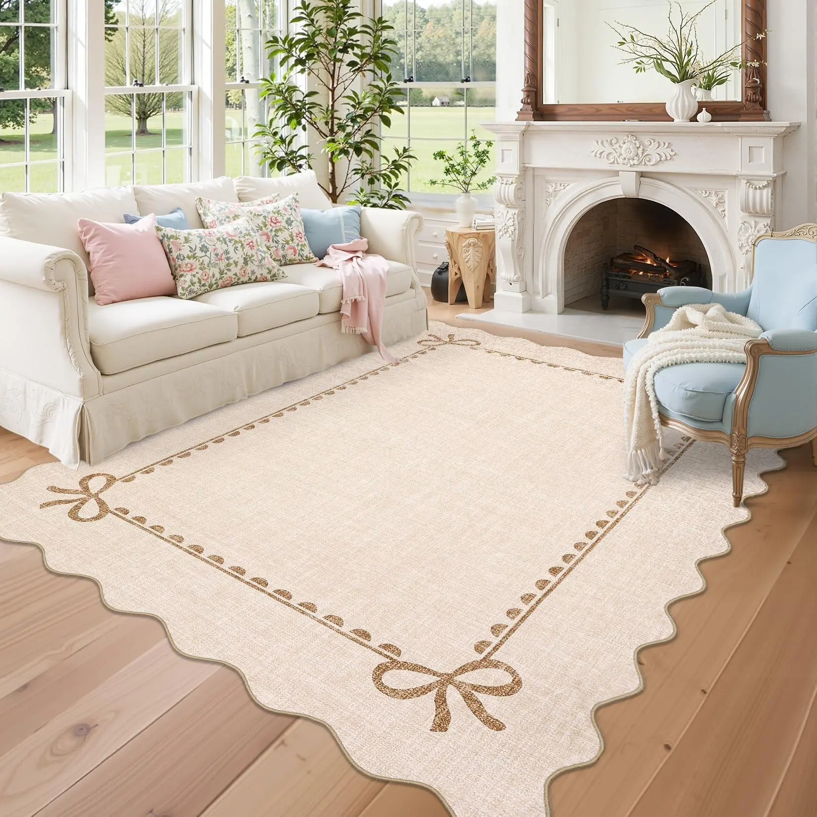 GARVEE 5x7 Scalloped Bow Rug for Living Room,Solid Beige Rug for Dorm,Washable Runner Rugs Soft Low Pile Non Slip Scalloped Rugs for Nursery Bedroom Decor Hallway Entryway Playroom