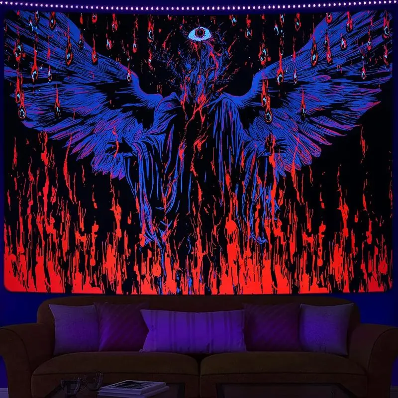 Uspring Trippy Tapestry - Blacklight Gothic UV Wall Tapestry, Devil Wings, Psychedelic Spooky Wall Hanging, Black Light Decor Decoration
