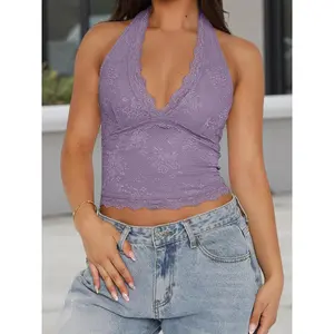 Women’s Halter Tank Tops Summer FashionableFit V Neck Backless Sleeveless Lace Crop Vest