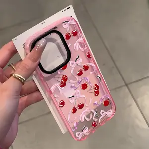 Pink Cherry Bow Pattern Phone Case for iPhone 17 16 15 14 Pro Max 13 12 11 Plus Clear Crystal Drop-proof Slim Silicone Shockproof Transparent Protective Cover