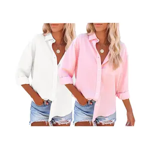 Womens Button Down Shirts Cotton Dress Shirts Long Sleeve Blouses V Neck Solid Casual Tunics Tops with Pockets