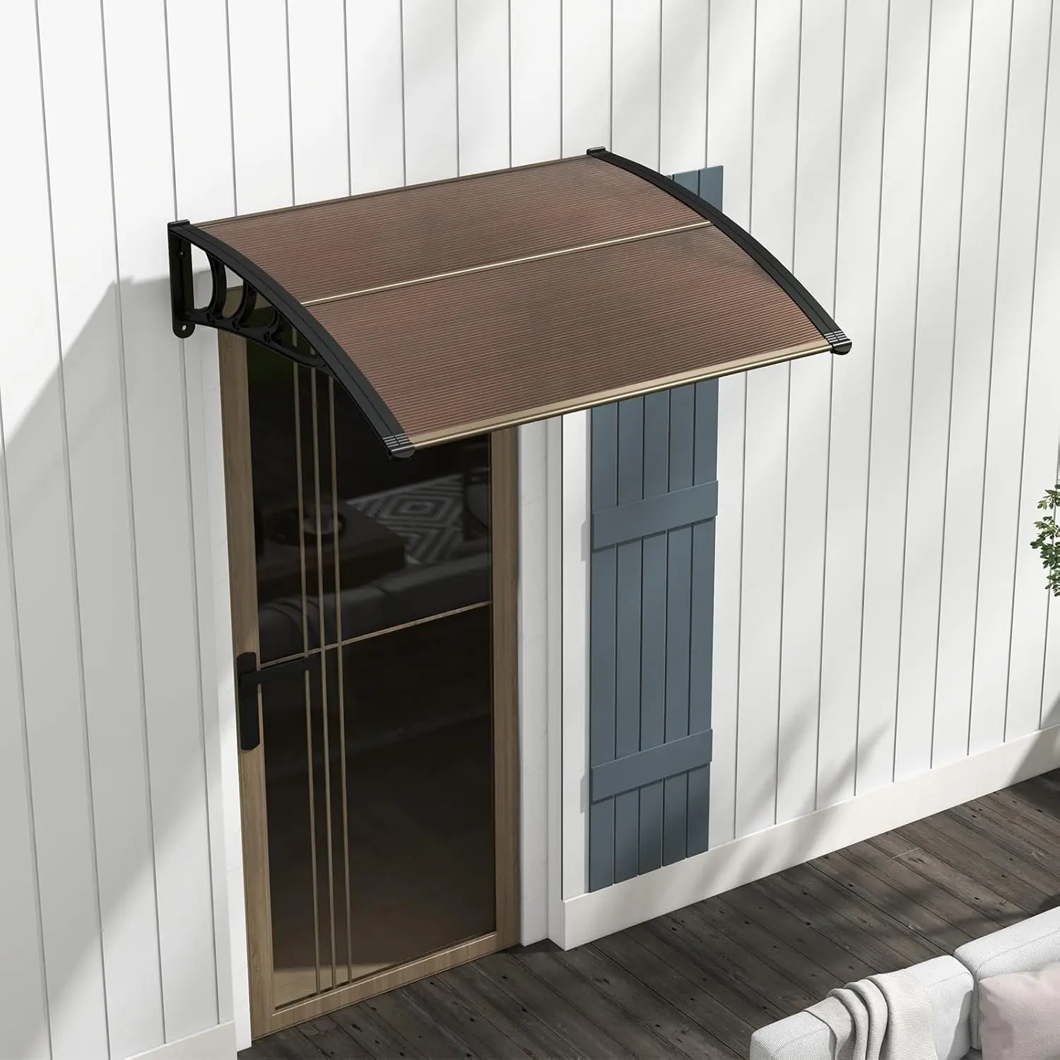 Awning Door Canopy 40x38in,Window Awnings Exterior with Black ABS Bracket,Durable Polycarbonate Canopy,Rain Shelter Cover,Rain Snow Sunlight Protection for Entrance, Balcony, Garage,Brown Panel