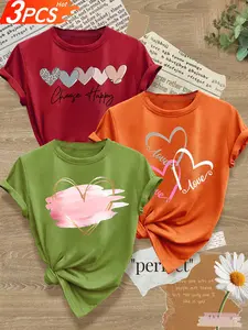 Women's 3-Pack Crew Neck T-Shirts, "Love" Double Hearts, Gold-Trimmed Heart & "Choose Happy" Multi-Color Hearts Print, Multiple Colors Available, Machine Washable, Spring & Summer Top, Soft Skin-Friendly Fabric, Daily Versatile, Casual Womenswear