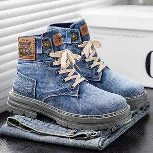 2025 autumn men's new mid top sports and leisure shoes, popular fashion boots, soft soled soft surface workwear boots, outdoor denim boots, washed denim cloth shoes, lace up street trendy shoes
