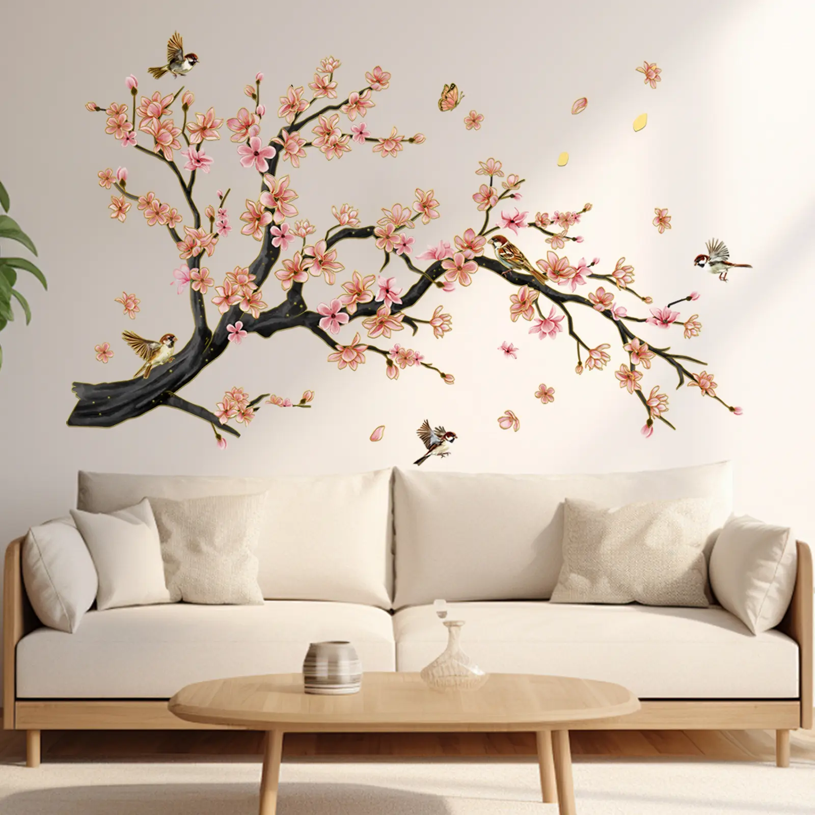 A set (30*90cm*3pcs) of peach tree and bird with gold edge 2D flat wall sticker, Floral Pattern Sticker, home decoration self-adhesive wall sticker, MA19062-NC