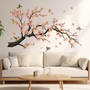 A set (30*90cm*3pcs) of peach tree and bird with gold edge 2D flat wall sticker, Floral Pattern Sticker, home decoration self-adhesive wall sticker, MA19062-NC
