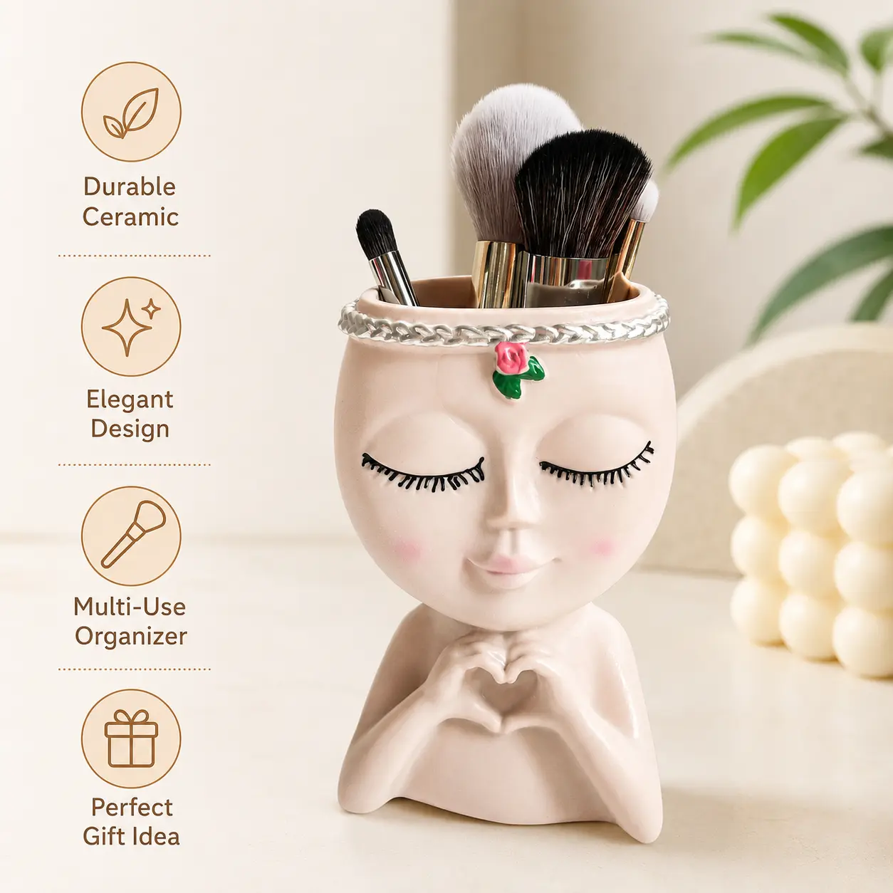1-Piece Hollow Ceramic Figure Makeup Brush Holder, Multi-Use Spacious Decorative Heart-Hand Design Organizer for Vanity Desktop Cosmetic Storage