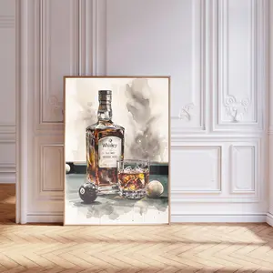 Whiskey and Billiards Wall Art Print- Masculine Bar Decor, Pool Table Whiskey Glass Digital Download, Vintage Lounge Game Room Printable